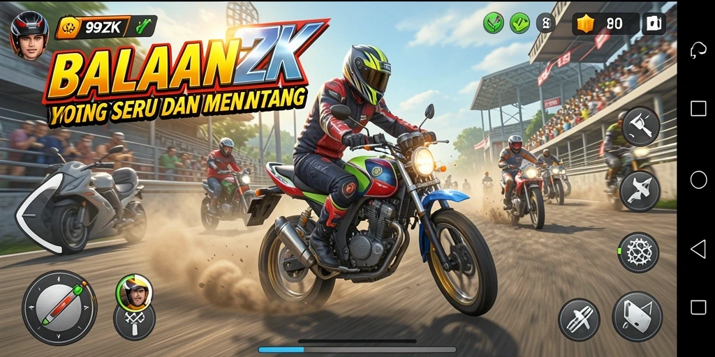 Screenshot menunjukkan aksi balapan motor yang seru di 99ZK.