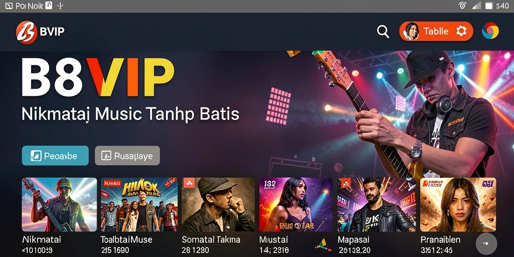 Tampilan utama B8VIP dengan berbagai pilihan musik dan fitur menarik.