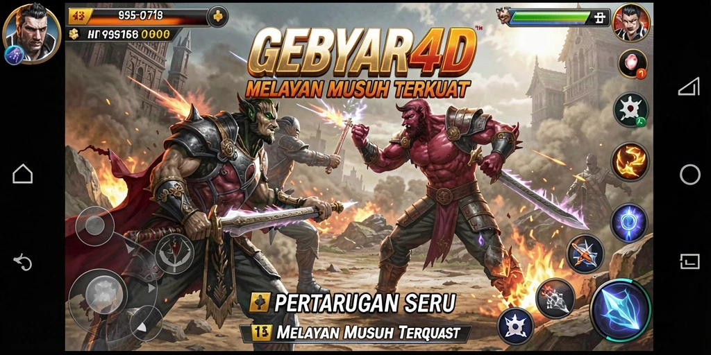 Gameplay seru GEBYAR4D dengan pertarungan epik dan karakter unik.