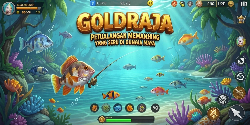 Tampilan gameplay <strong>GOLDRAJA</strong> saat memancing di lokasi yang indah.