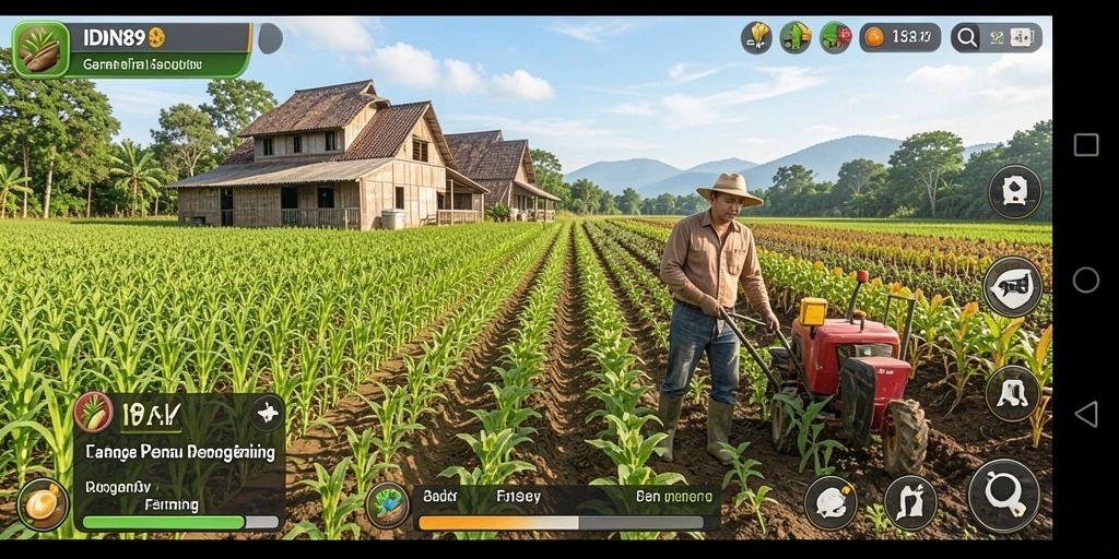 Tampilan gameplay seru di IDN89 yang menampilkan pertanian yang produktif.