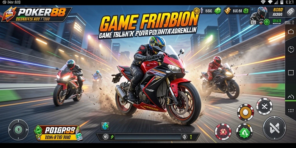 Tangkapan layar gameplay POKER88 menunjukkan intensitas balapan motor yang mendebarkan.