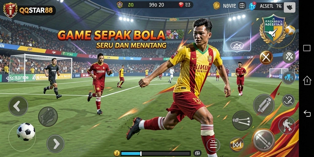Screenshot gameplay QQSTAR88 menampilkan suasana pertandingan sepak bola yang mendebarkan.