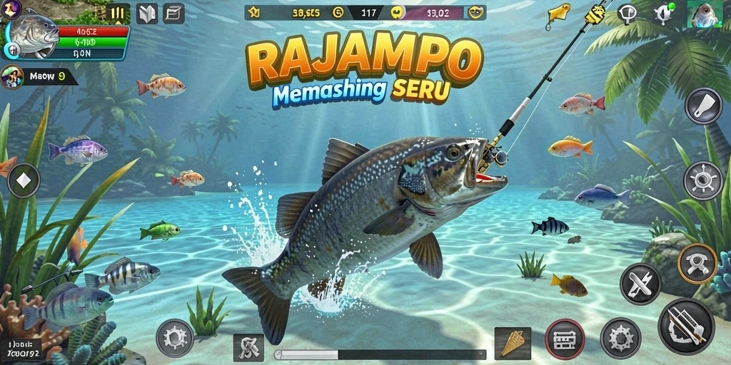 Tangkapan layar gameplay RAJAMPO menampilkan keseruan memancing dengan pemandangan yang indah.