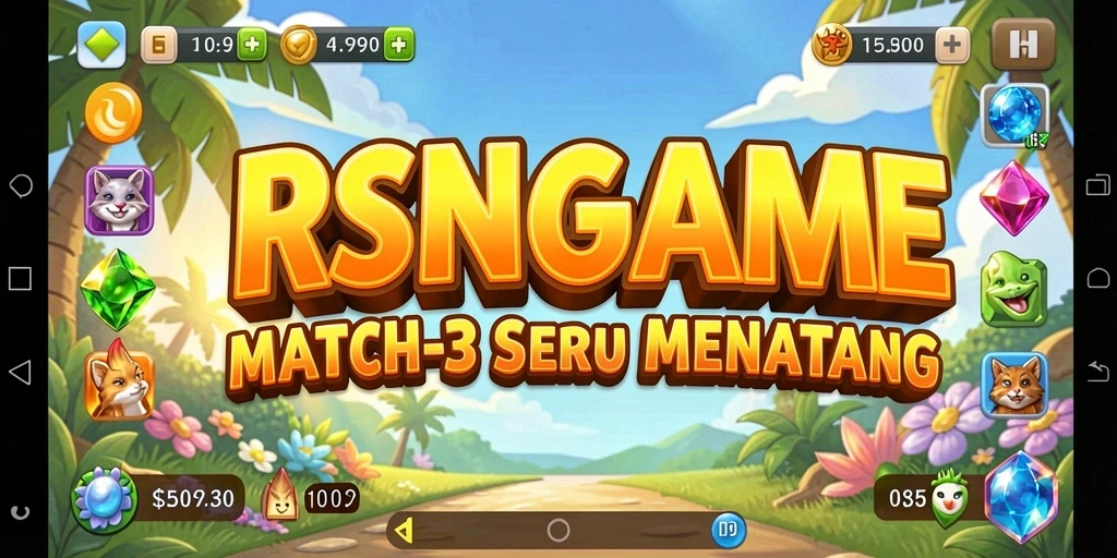 Screenshot gameplay RSNGAME menampilkan tantangan match-3 yang seru.
