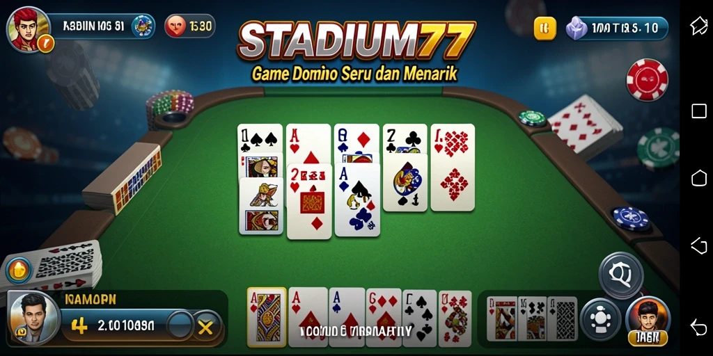 Screenshot gameplay STADIUM77 menunjukkan suasana pertandingan Domino yang seru.