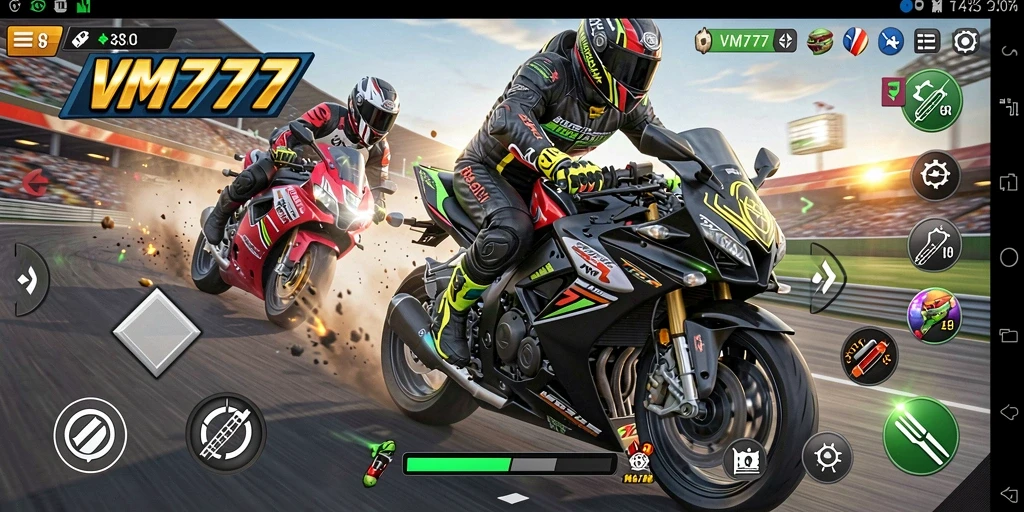 Screenshot gameplay menampilkan motor balap yang melaju kencang di trek.